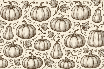 Botanical pattern featuring pumpkins and gourds in a vintage style woodcut design on a light background