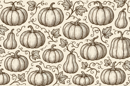 Botanical pattern featuring pumpkins and gourds in a vintage style woodcut design on a light background