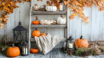 Rustic fall display with pumpkins, lanterns, and autumn leaves on a wooden ladder