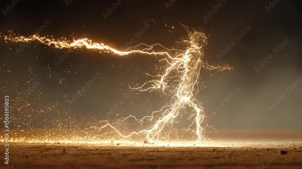 Poster dynamic electric figure in motion with sparks and lightning effects creating an energetic atmosphere