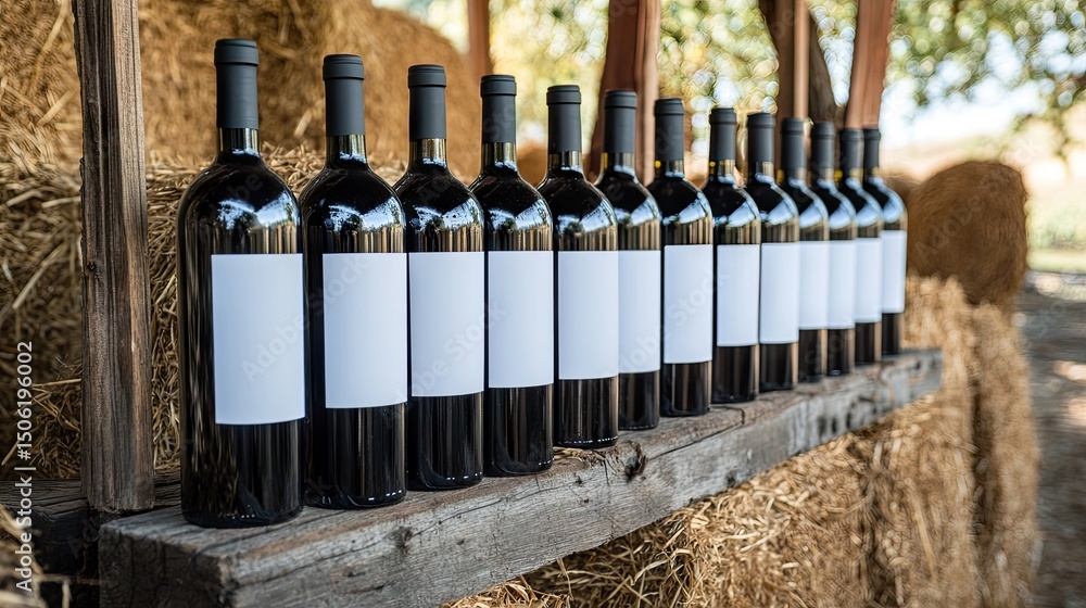 Poster row of wine bottles with blank labels on a rustic wooden shelf.