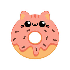 Słodki kawaii pączek w kształcie kota z różową polewą - urocza ilustracja wektorowa.