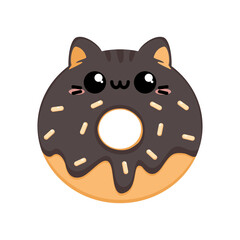 Słodki kawaii pączek w kształcie kota z czekoladową polewą - urocza ilustracja wektorowa.