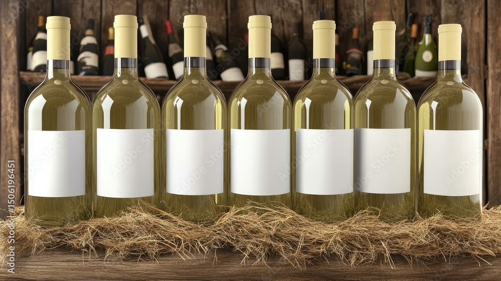Poster empty wine bottles with blank labels on rustic wooden shelf.
