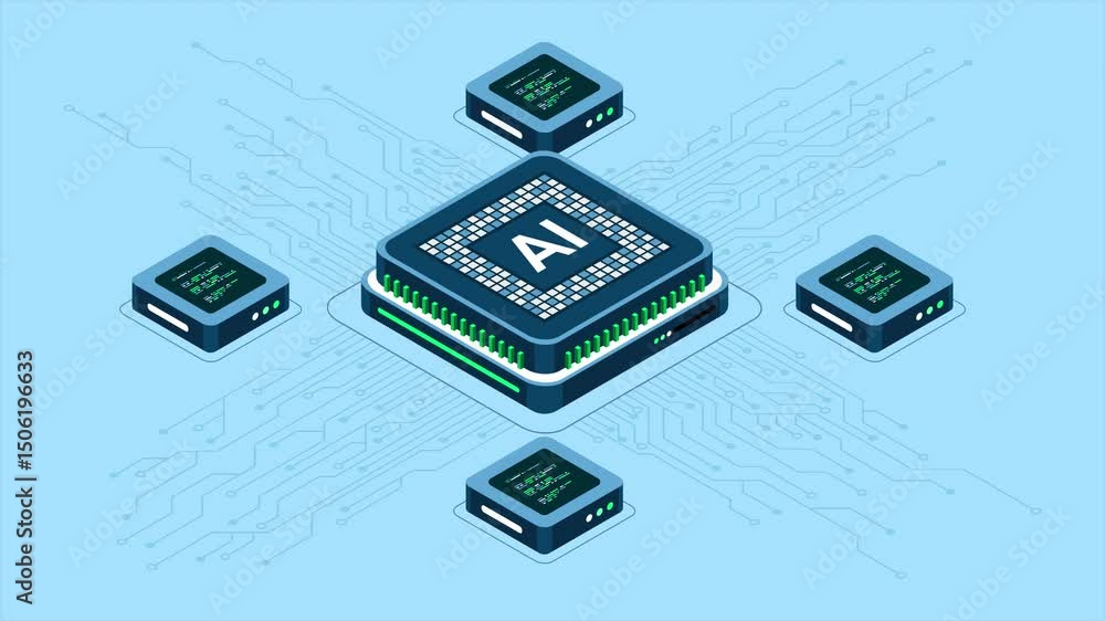 Poster isometric artificial intelligence chip animation. artificial intelligence concept. futuristic microc