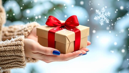 Woman holding a gift box. Christmas background with gift. Gift box with red bow. Background with falling snowflakes.