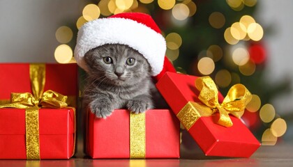 Cat in box. Cat with Santa's hat in Christmas gift box. Christmas background with red gift boxes.