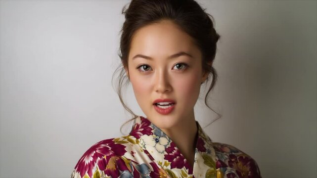 A Japanese woman wearing a floral patterned kimono