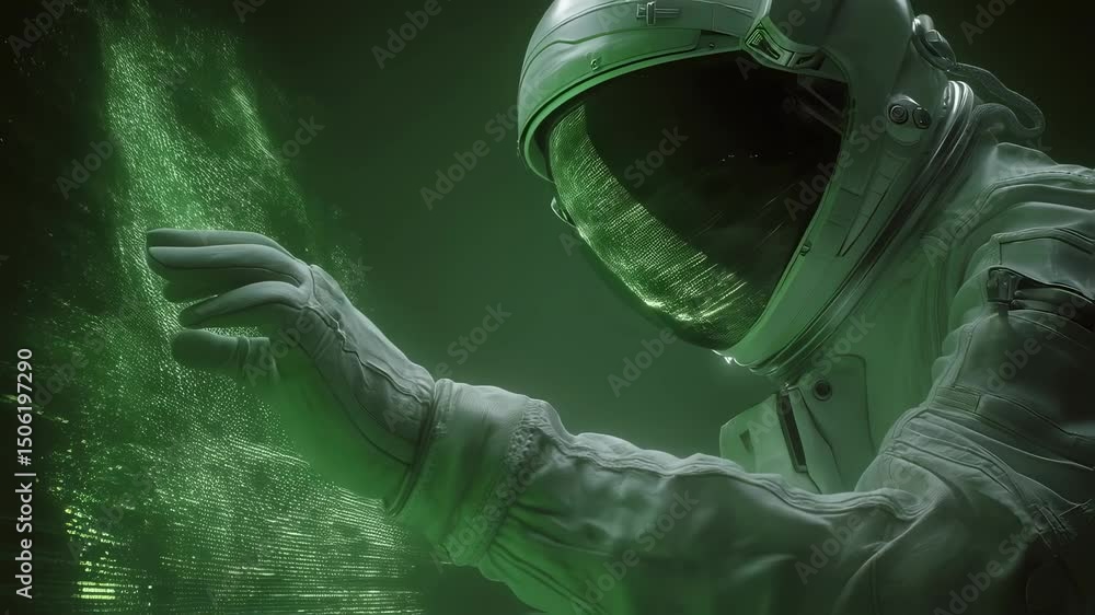 Poster astronaut in a spacesuit touches a flowing stream of green particles, seemingly interacting with an 