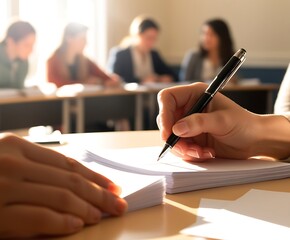 Close-up of a person writing on a stack of white papers with a pen in a classroom setting, representing learning, education, exams, studying, and academic preparation in sunlight

