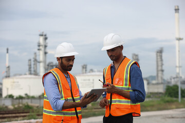 Two Indian industrial engineer wearing orange safety jacket and PPE discussing the maintenance job at site of Refinery and gas petrochemical plant