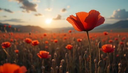 Obraz premium Vibrant red poppies bloom at golden hour, a dreamy floral field bathed in warm, serene light.
