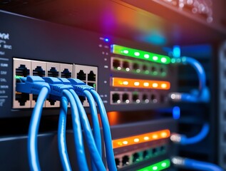 High speed Ethernet cables connected to network switch in modern data center server room, representing fast internet connection, data transfer, cloud computing, and IT infrastructure

