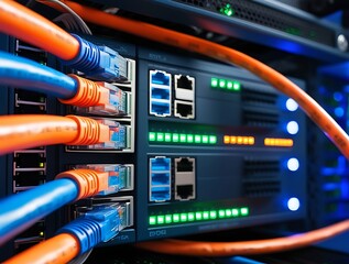 High speed Ethernet cables connected to network switch in modern data center server room, representing fast internet connection, data transfer, cloud computing, and IT infrastructure

