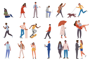 Fototapeta premium Set of crowd diverse people doing various leisure and job activities. Group of male and female flat cartoon isolated characters trendy design vector illustration
