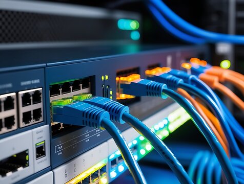 High speed Ethernet cables connected to network switch in modern data center server room, representing fast internet connection, data transfer, cloud computing, and IT infrastructure


