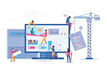 Creative team collaborating on website building with coding, graphics, and layout elements for web development, digital marketing, and user interface design isolated on white background vector