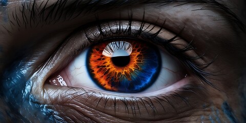 Close-up of a human eye with a striking orange and blue iris, surrounded by detailed skin texture and dramatic lighting, creating a surreal and intense visual atmosphere

