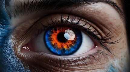 Close-up of a human eye with a striking orange and blue iris, surrounded by detailed skin texture and dramatic lighting, creating a surreal and intense visual atmosphere

