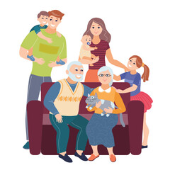 Family with children sitting on couch. Big family portrait. Vector people. Mother and father with babies, kids and grandparents vector illustration