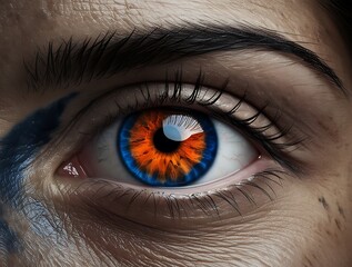 Close-up of a human eye with a striking orange and blue iris, surrounded by detailed skin texture and dramatic lighting, creating a surreal and intense visual atmosphere

