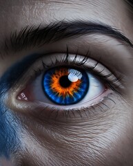 Close-up of a human eye with a striking orange and blue iris, surrounded by detailed skin texture and dramatic lighting, creating a surreal and intense visual atmosphere

