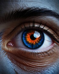 Close-up of a human eye with a striking orange and blue iris, surrounded by detailed skin texture and dramatic lighting, creating a surreal and intense visual atmosphere

