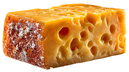 Closeup of a piece of Swiss cheese with holes and rind