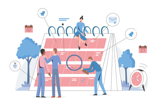 Schedule, calendar, diary, daily planner flat vector illustration character concept. Men and women plan their business, event, work, meeting at large timetable. Week, month, year time management - Powered by Adobe