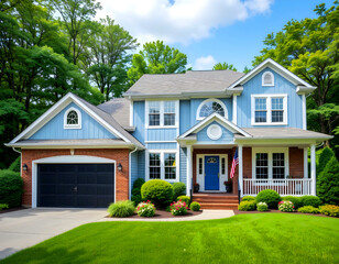 An American suburban blue house with a garage and an American flag hanging.