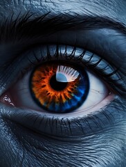 Close-up of a human eye with a striking orange and blue iris, surrounded by detailed skin texture and dramatic lighting, creating a surreal and intense visual atmosphere

