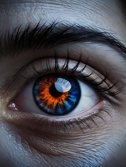 Close-up of a human eye with a striking orange and blue iris, surrounded by detailed skin texture and dramatic lighting, creating a surreal and intense visual atmosphere

