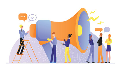Business people collaborating with large megaphone symbolizing teamwork communication marketing strategy leadership and public announcement isolated on white background vector illustration
