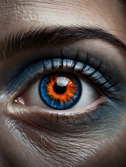 Close-up of a human eye with a striking orange and blue iris, surrounded by detailed skin texture and dramatic lighting, creating a surreal and intense visual atmosphere

