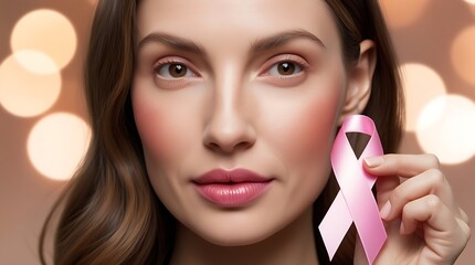 Close up portrait of a young woman holding a pink ribbon symbolizing breast cancer awareness, hope, support, prevention, health care, solidarity, strength, and empowerment

