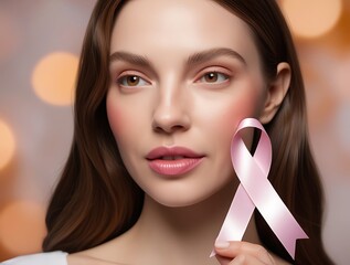 Close up portrait of a young woman holding a pink ribbon symbolizing breast cancer awareness, hope, support, prevention, health care, solidarity, strength, and empowerment

