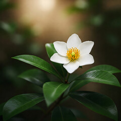 Fototapeta premium A pristine white flower with a bright yellow center blossoms amidst lush green leaves, set against a soft, dark background