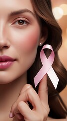 Close up portrait of a young woman holding a pink ribbon symbolizing breast cancer awareness, hope, support, prevention, health care, solidarity, strength, and empowerment

