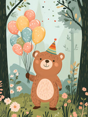 Bear Holding Balloons in a Forest