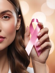 Close up portrait of a young woman holding a pink ribbon symbolizing breast cancer awareness, hope, support, prevention, health care, solidarity, strength, and empowerment

