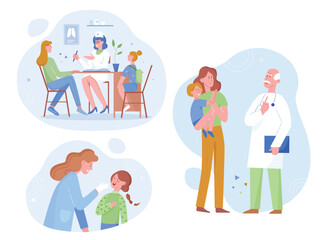 Fototapeta premium Happy caring young mother visit pediatrician doctor with small child, flat vector illustration. General practitioner consults patients at checkup in clinic, medical insurance, healthcare treatment.