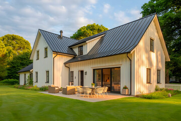 Residential Real Estate Exterior House with Outdoor Furniture on a Bright Day.