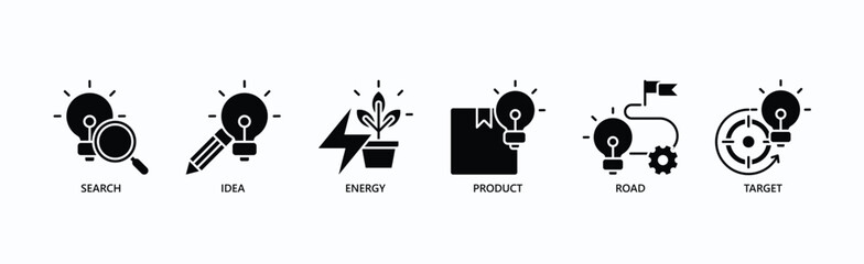 Path To Innovation Icon Set Isolated Vector Illustration Concept With Icon Of Search, Idea, Energy, Product, Road, Target In Glyph Style