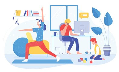 Modern family enjoying activities at home with yoga, remote work, and child playing with toys, perfect for lifestyle, parenting, and home life concepts isolated on white background vector illustration