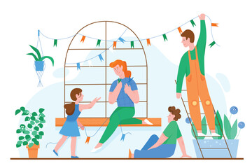 Family people spend time at home together concept vector illustration. Cartoon happy mother, father and children decorating house window with colorful flags decor, family characters in home activity