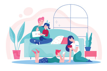 Family people at home vector illustration. Cartoon happy father, mother and children using tablet, smartphone gadgets for social media activity, gadgeteer character and family gadgetry addicts concept