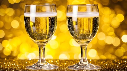 Two Glasses of Sparkling Champagne on Gold Glitter Background