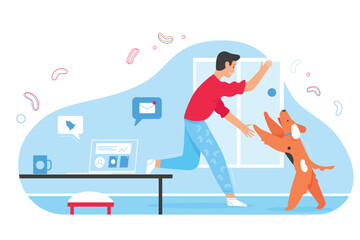 Remote work and pet companionship concept showing a man taking a break to play with his dog indoors, promoting work life balance and happiness vector illustration