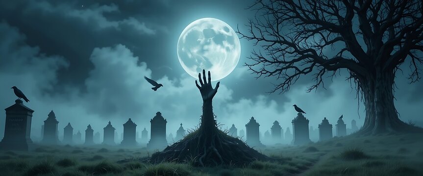 Hand Reaching for Moon in Cemetery with Birds and Bare Tree - Horor Scene Concept