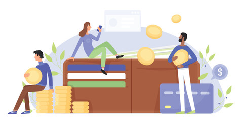 Finance, business character flat vector illustration concept with people near giant wallet. Man woman with coins and credit cards. Financial discipline, online shopping, electronic banking